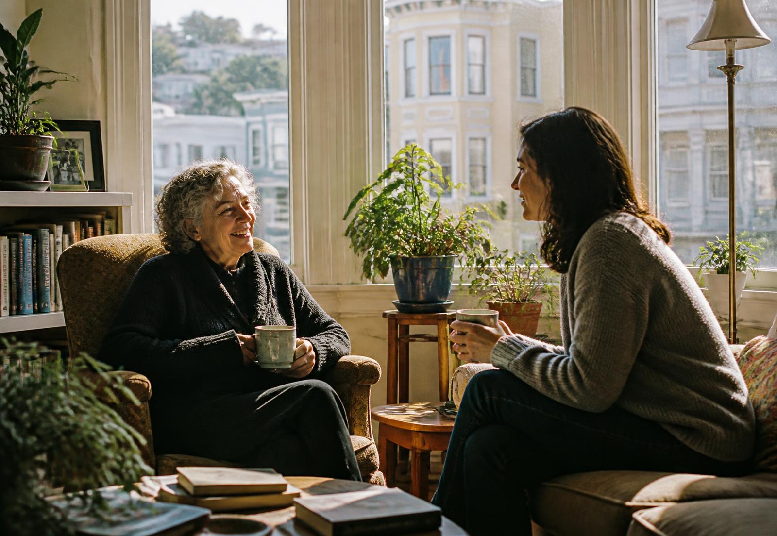 An older woman and her caregiver talking over tea in a sunlit San Francisco living room